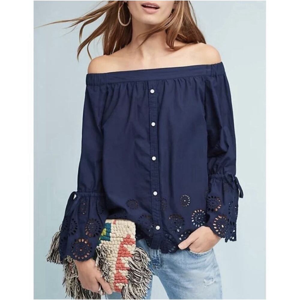 Isabella Sinclair Anthropologie Off-the-Shoulder Cotton Eyelet Top Navy Size L